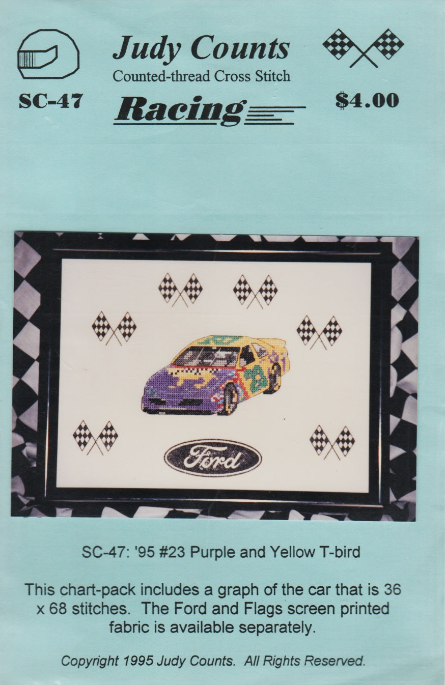 Judy Counts '95 #23 Purple and Yellow T-bird racing cross stitch pattern