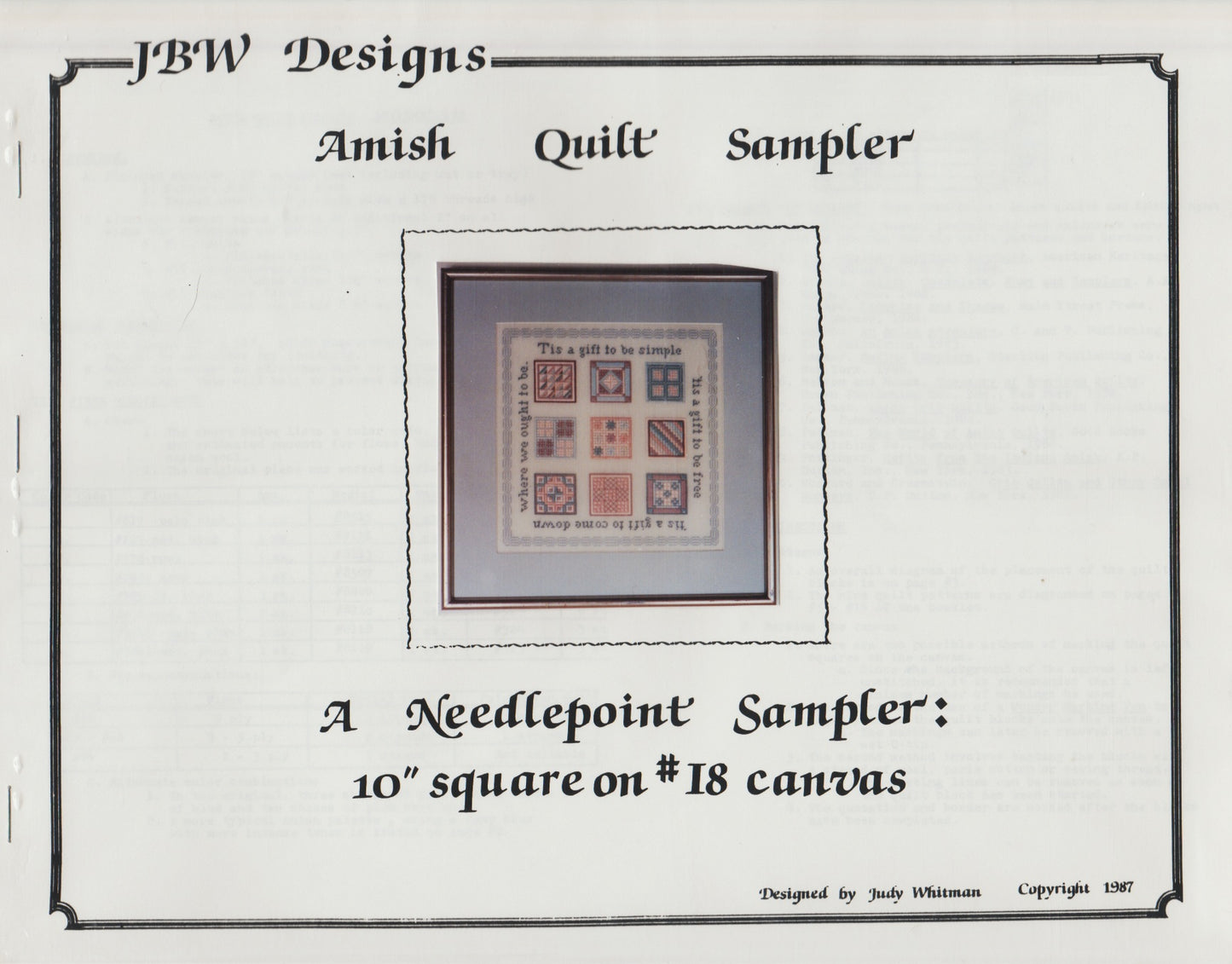 JBW Amish Quilt Needlepoint Sampler needlepoint pattern