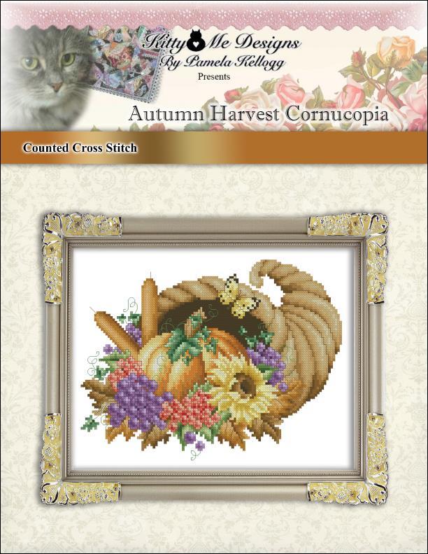 Kitty & Me Autumn Harvest Cornucopia Thanksgiving cross stitch pattern