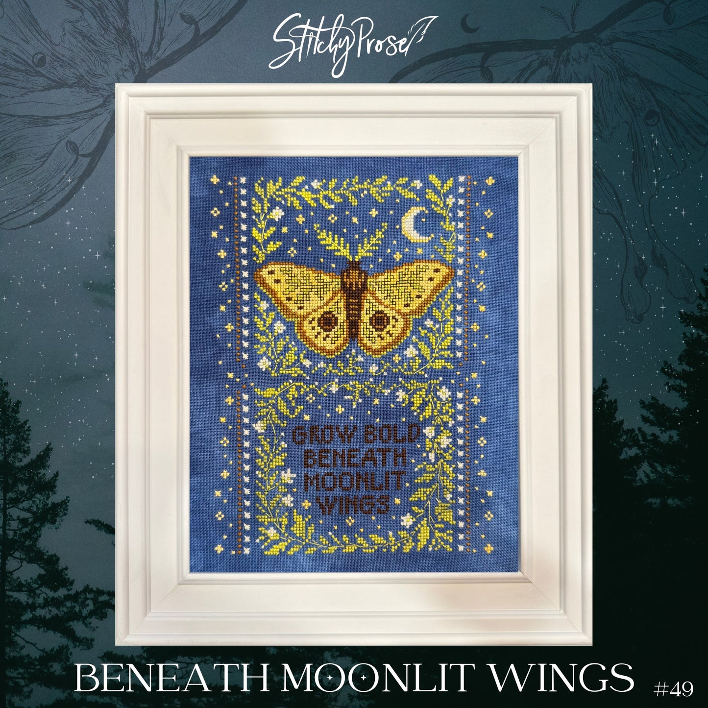 Stitchy Prose Beneath Moonlit Wings cross stitch pattern