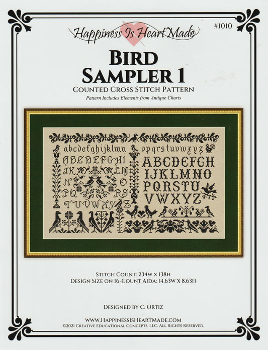 Happiness is Heart Made Bird Sampler 1 cross stitch pattern