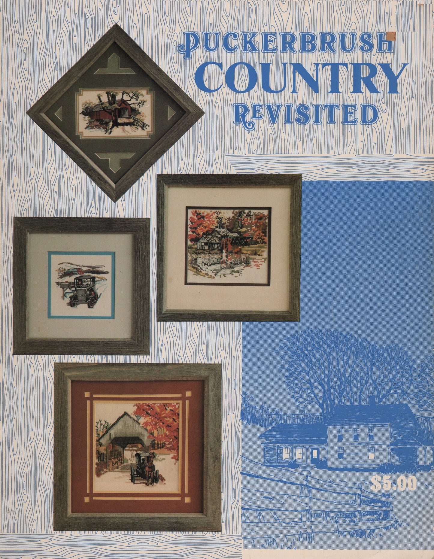 Puckerbrush Country Revisited cross stitch pattern cover featuring four framed cross-stitch designs.