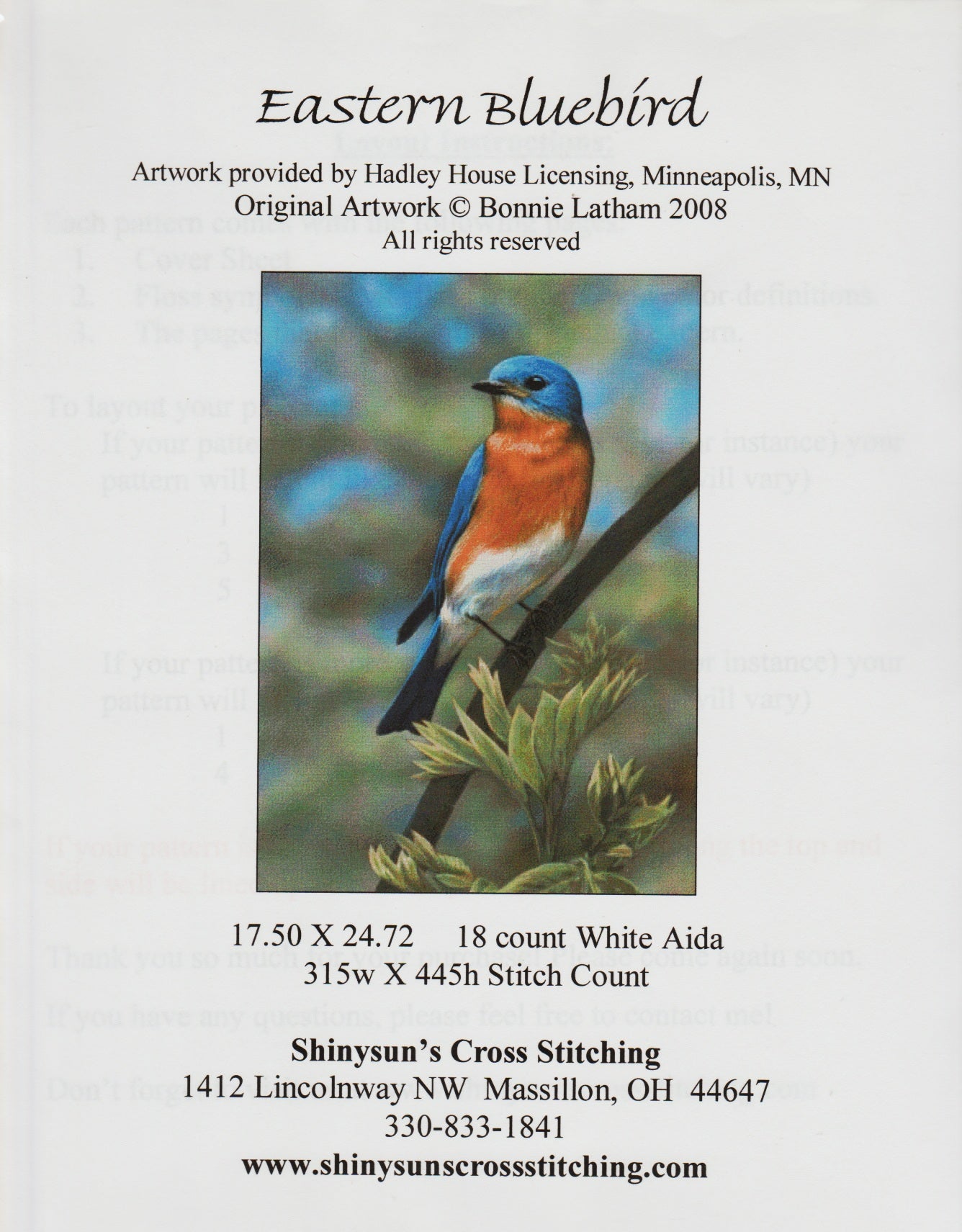 Shiny Sun Eastern Bluebird cross stitch pattern