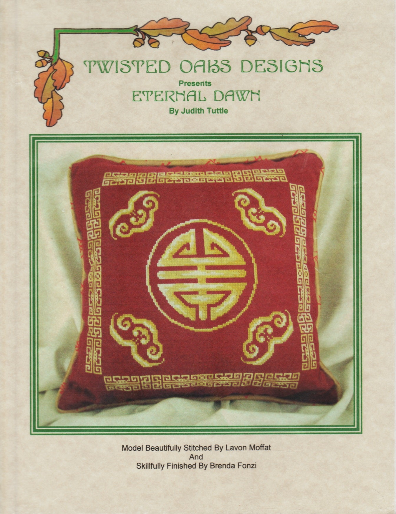 Twisted Oaks Eternal Dawn asian symbol pillow cross stitch pattern