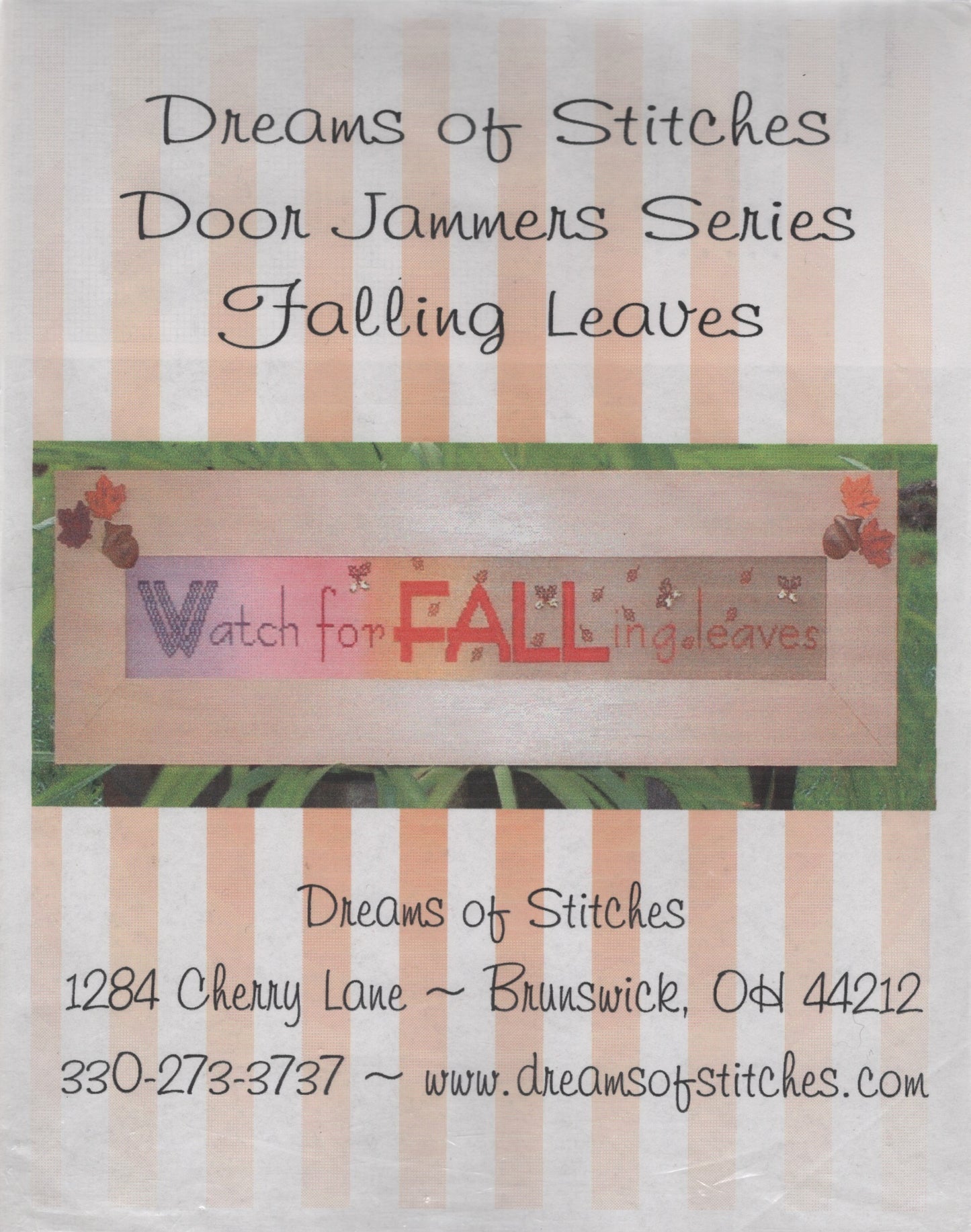 'Dreams of Stitches Door Jammers Series Falling Leaves,' showing a decorative sign that reads 'Watch for FALLing leaves' with autumn leaves and acorns, by Dreams of Stitches cross stitch pattern