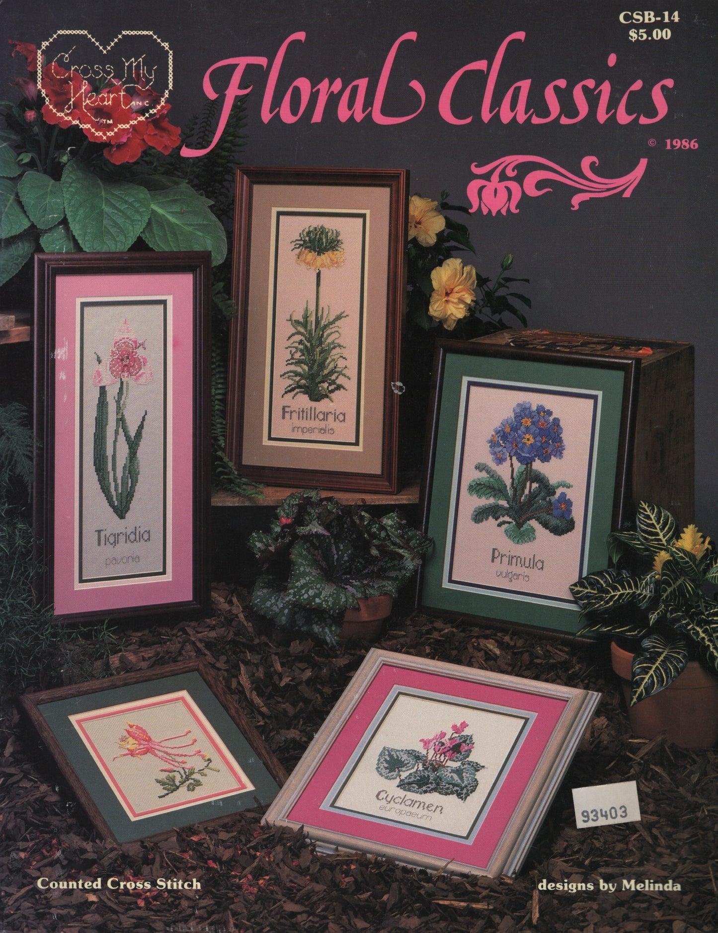 Vintage Cross My Heart 'Floral Classics' counted cross stitch pattern book, featuring ten botanical designs (Tulipa, Frilliana, Primula, and a small bird of paradise) CSB-14