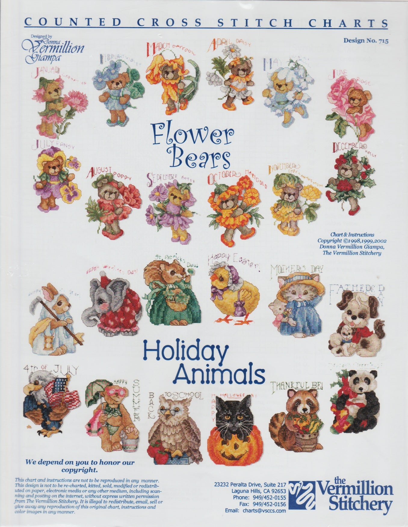 Vermillion Stitchery Flower Bears & Holiday Animals 715 cross stitch pattern