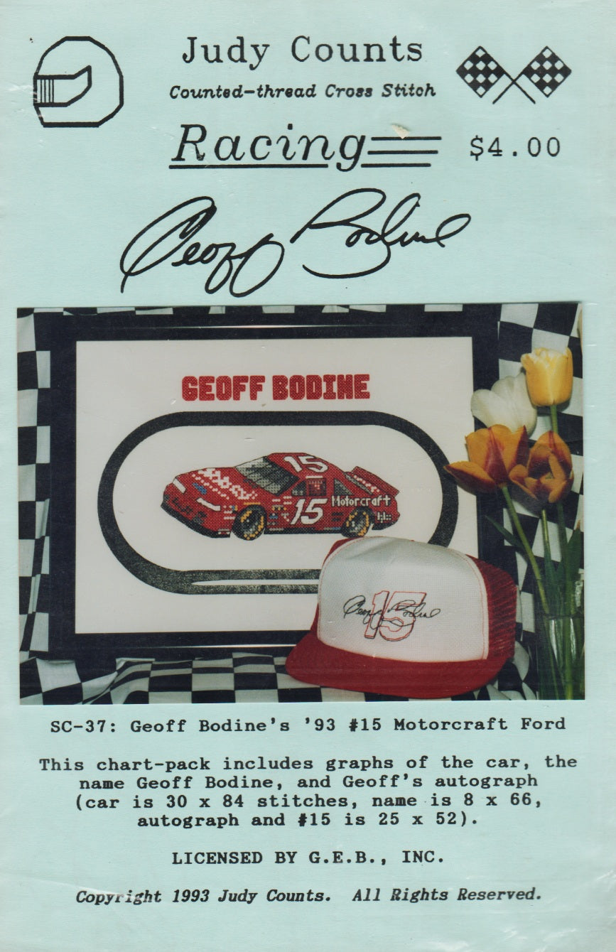 Judy Counts Geoff Bodine's '93 #15 Motorcraft Ford racing cross stitch pattern