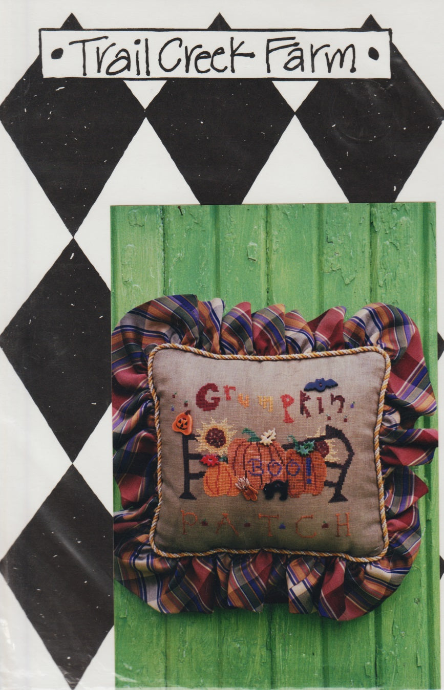 Trail Creek Farm Grumpkin Patch halloween pillow cross stitch pattern