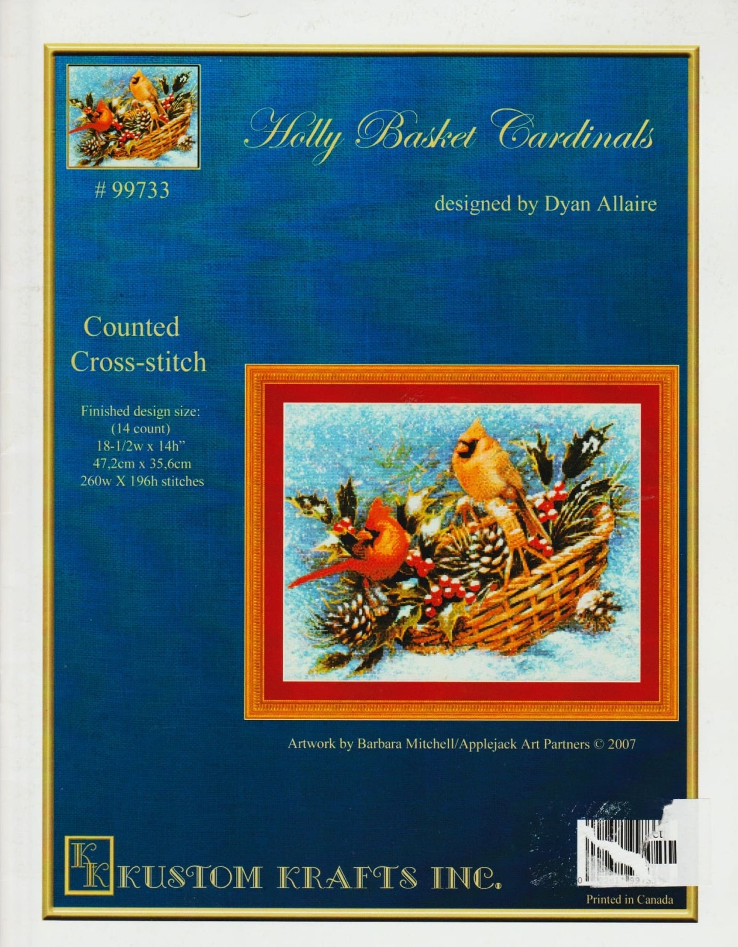 Kustom Krafts Holly Basket Cardinals 99733 bird cross stitch pattern