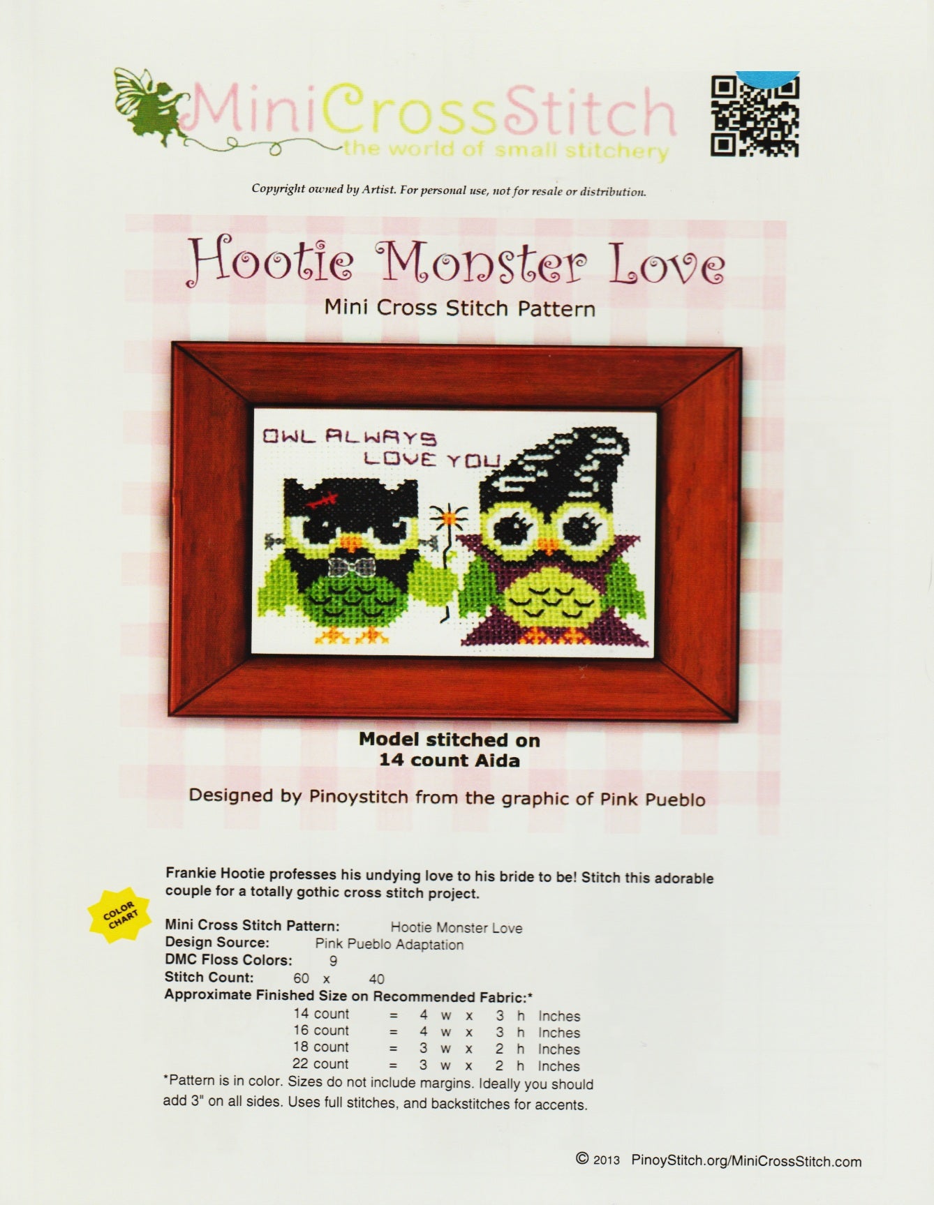 PinoyStitch Hootie Monster Love Halloween cros stitch pattern