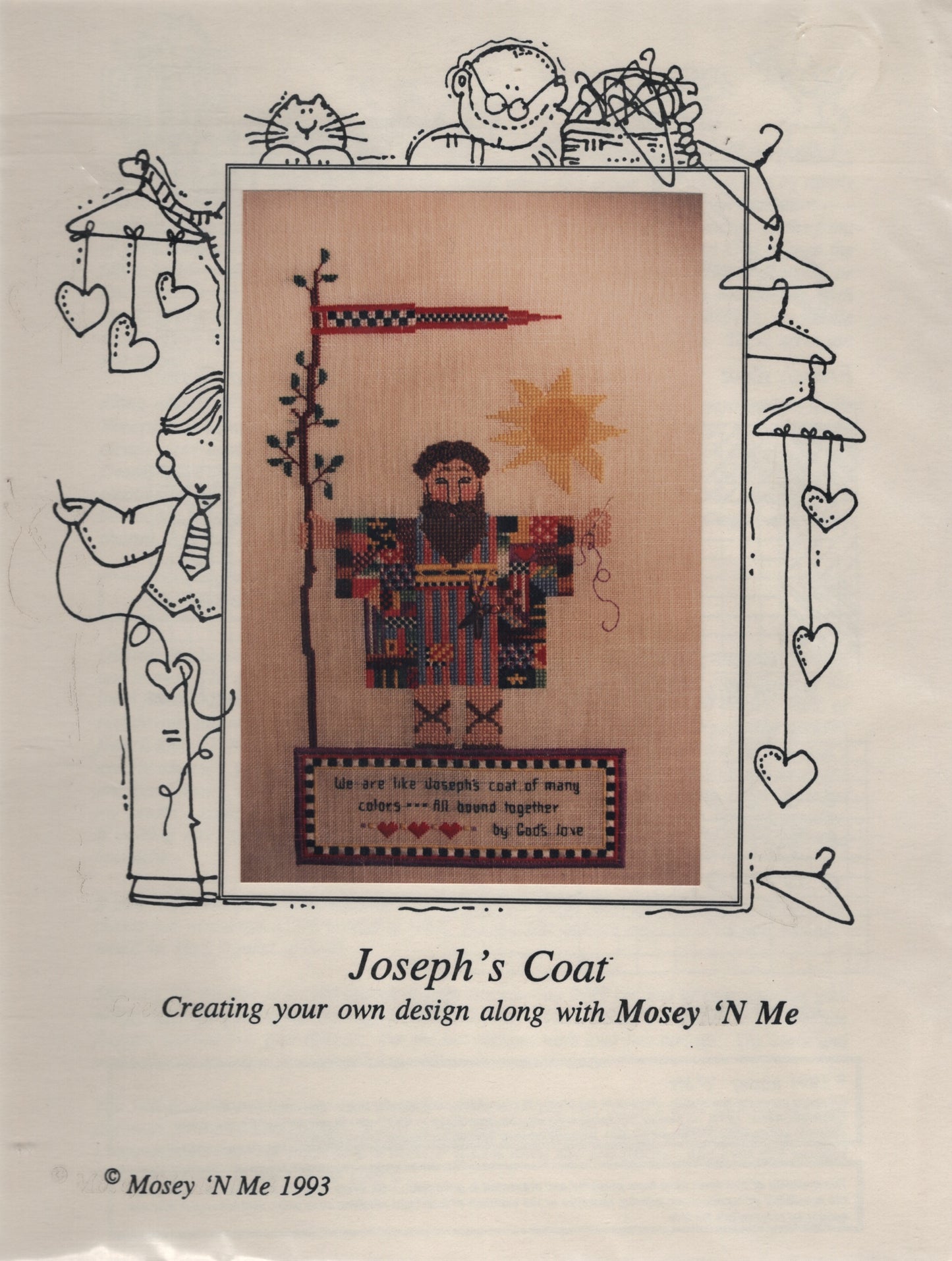 A vintage sewing pattern cover for 'Joseph's Coat' by Mosey 'N Me, published in 1993. The cover features a whimsical folk-art illustrations of a bearded figure in a patterned coat under a yellow sun.