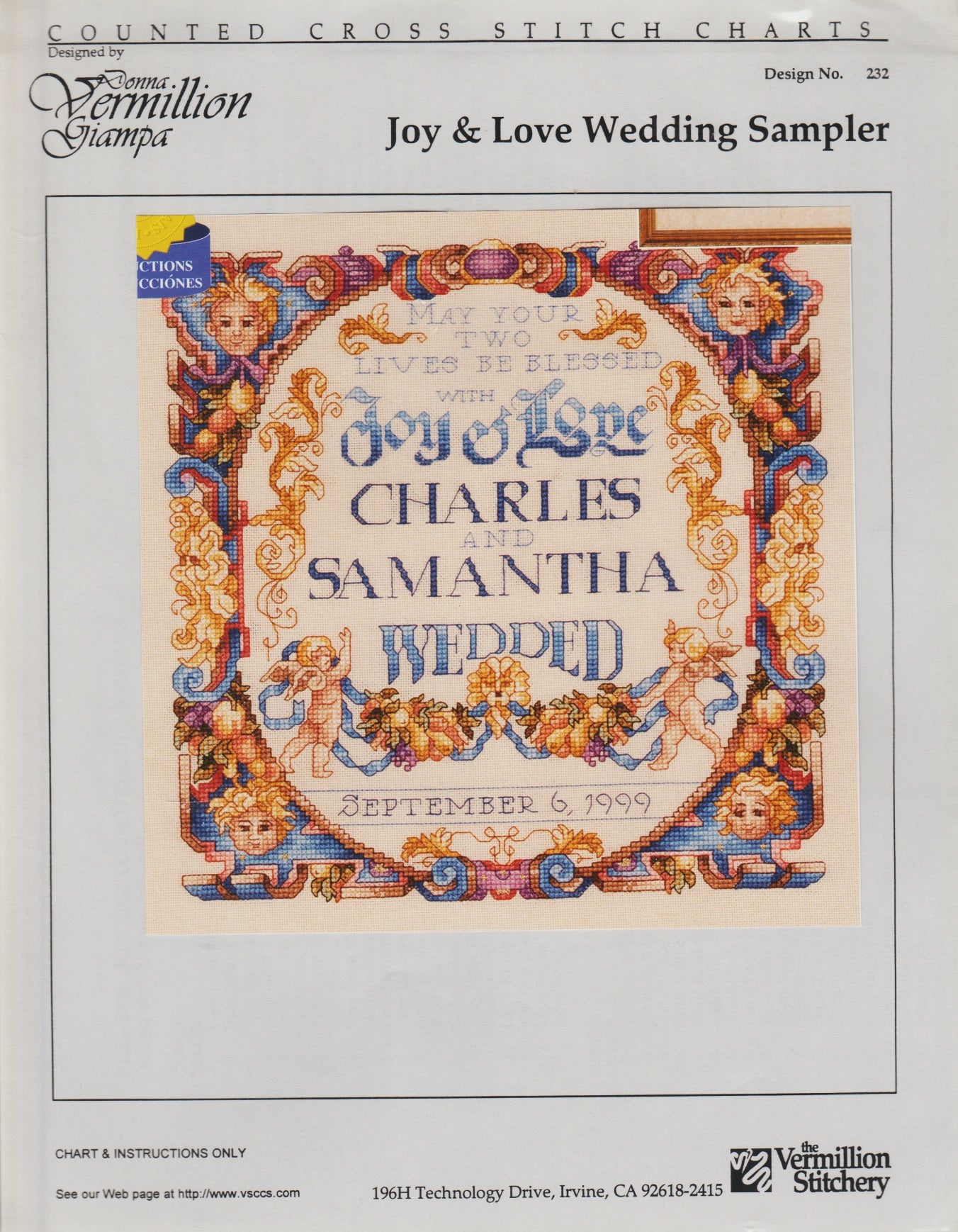 Vermillion Stitchery Joy & Love Wedding Sampler 232 cross stitch pattern