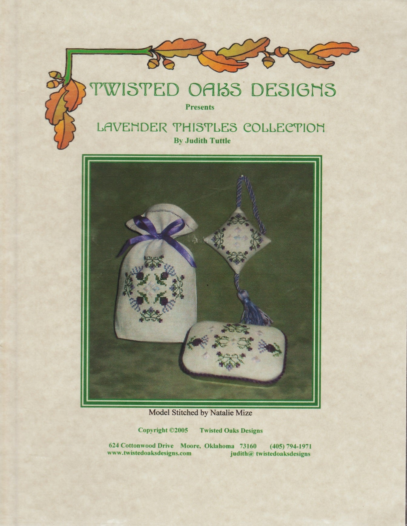 Twisted Oak Designs Lavender Thistles Collection sachet bag cross stitch pattern