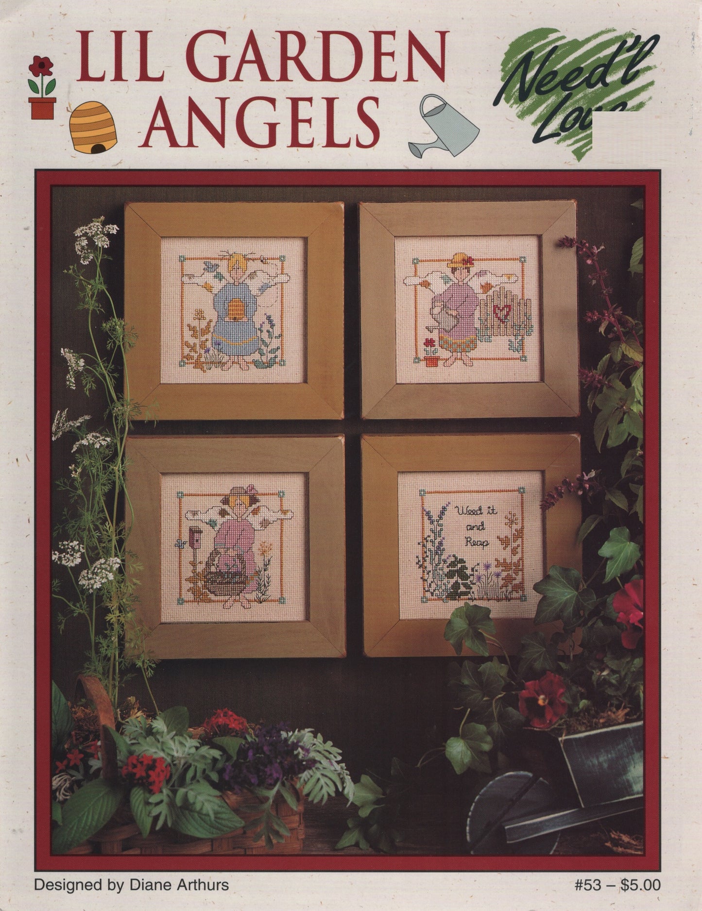 Lil Garden Angels Need'l Love cross stitch pattern cover showing four framed cross-stitch designs.