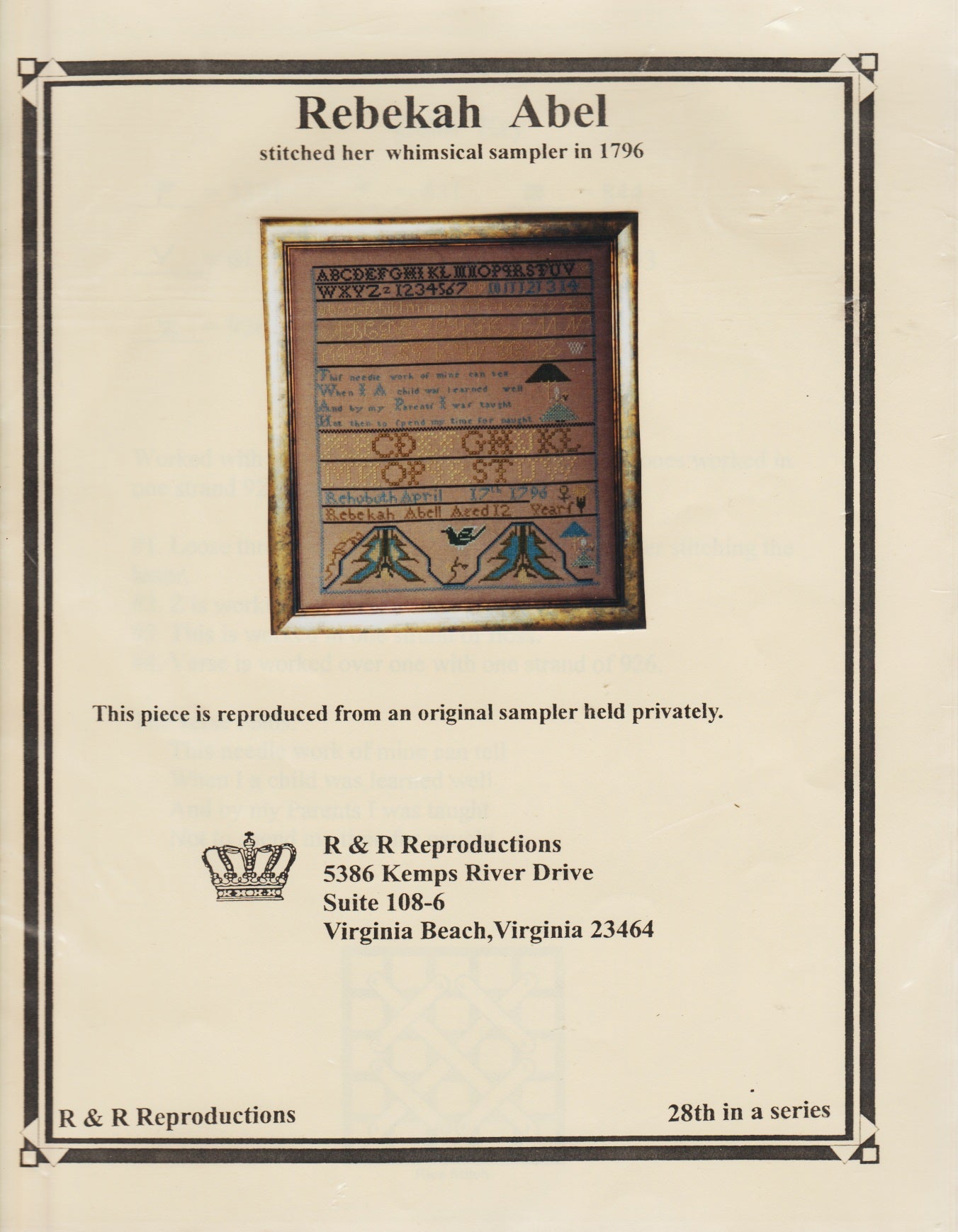 R&R Reproductions Rebekah Abel cross stitch pattern