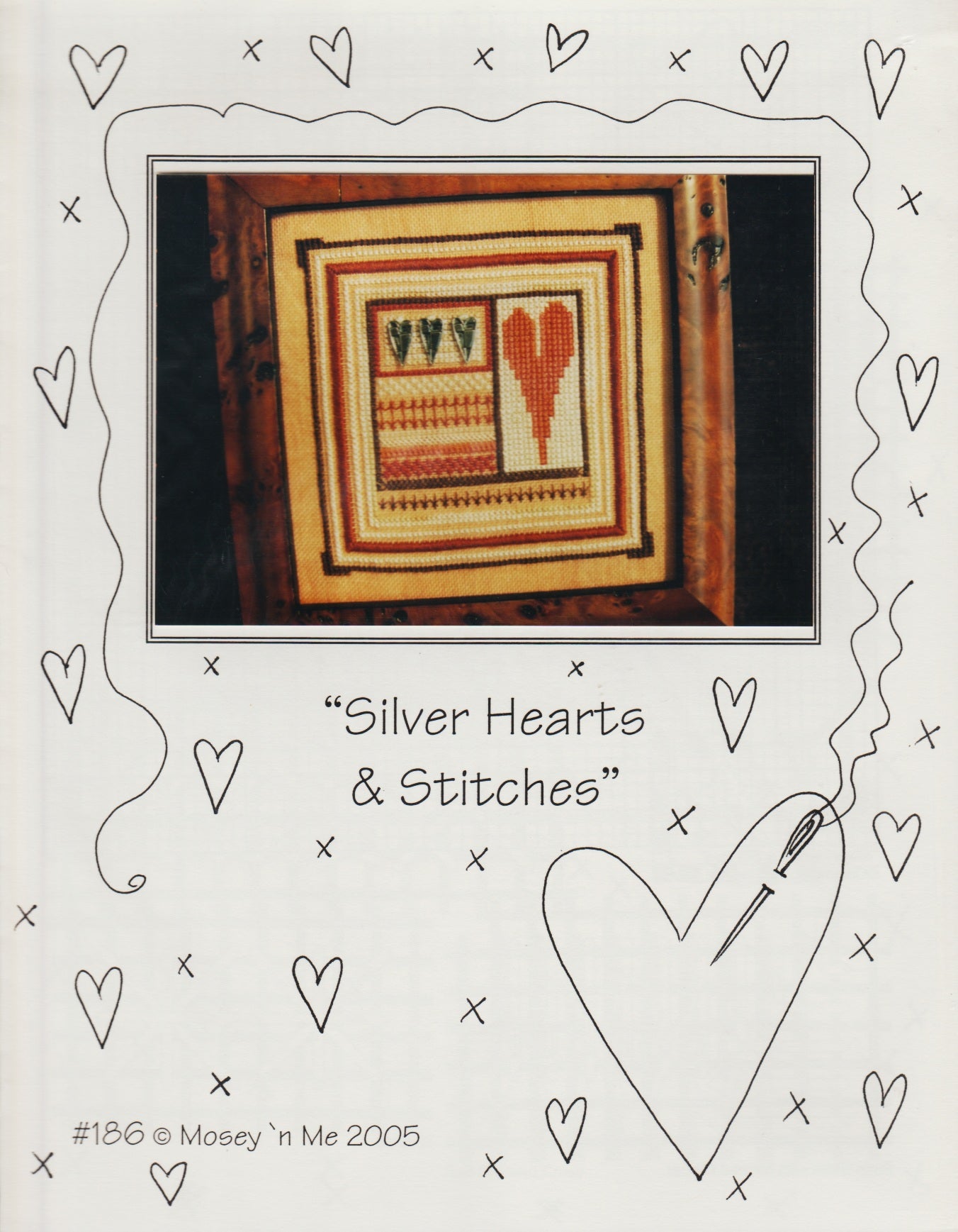 Mosey 'N Me Silver Hearts & Stitches 186 cross stitch pattern