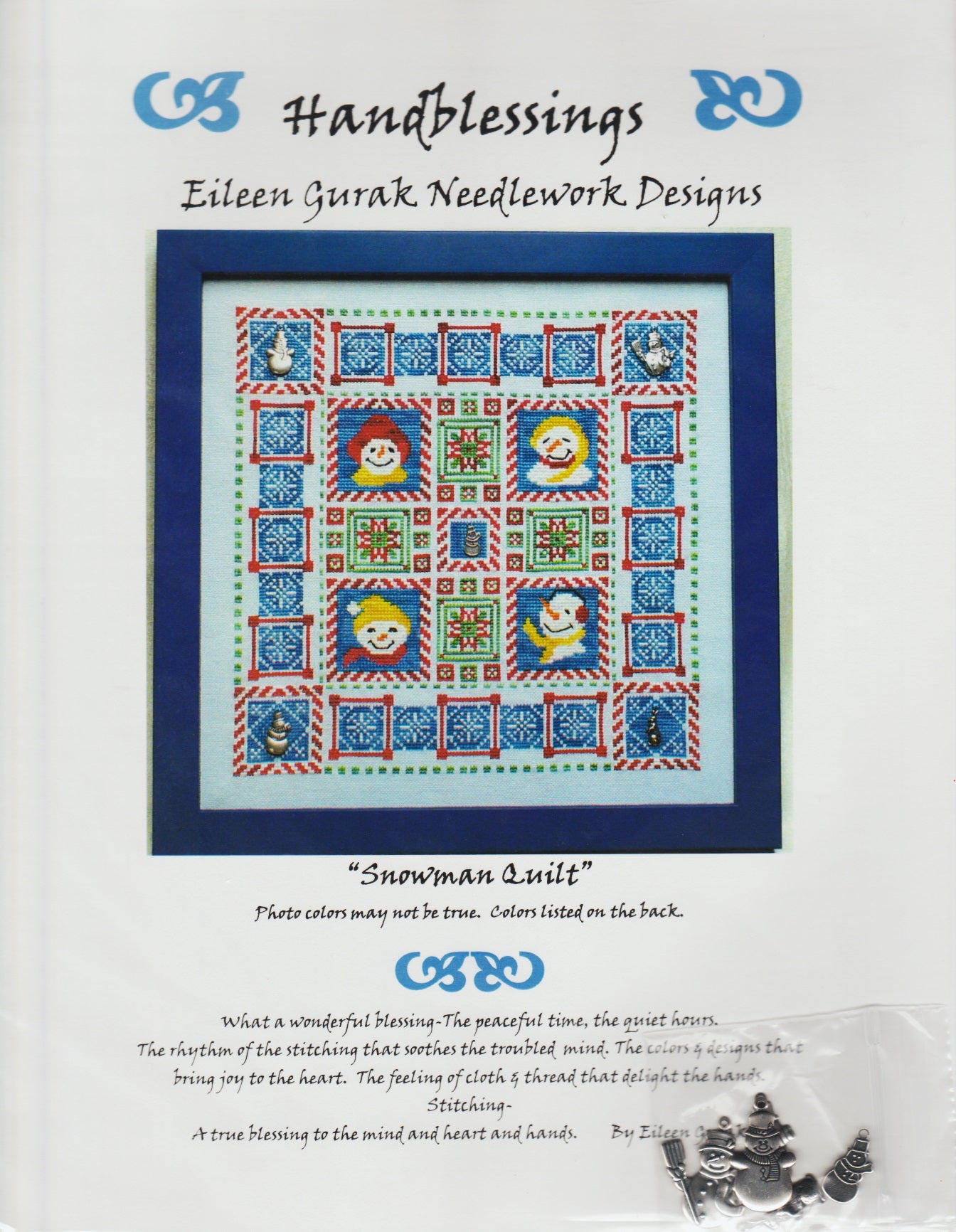 Handblessings Snowman Quilt cross stitch pattern