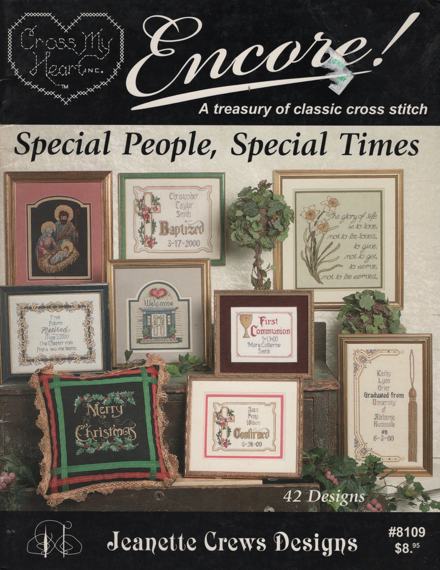 Cover of a cross stitch pattern book titled 'Special People, Special Times' from Jeanette Crews Designs, featuring multiple framed cross-stitch designs and the text ' Encore! A treasury of classic cross stitch' and '42 Designs'. 8109