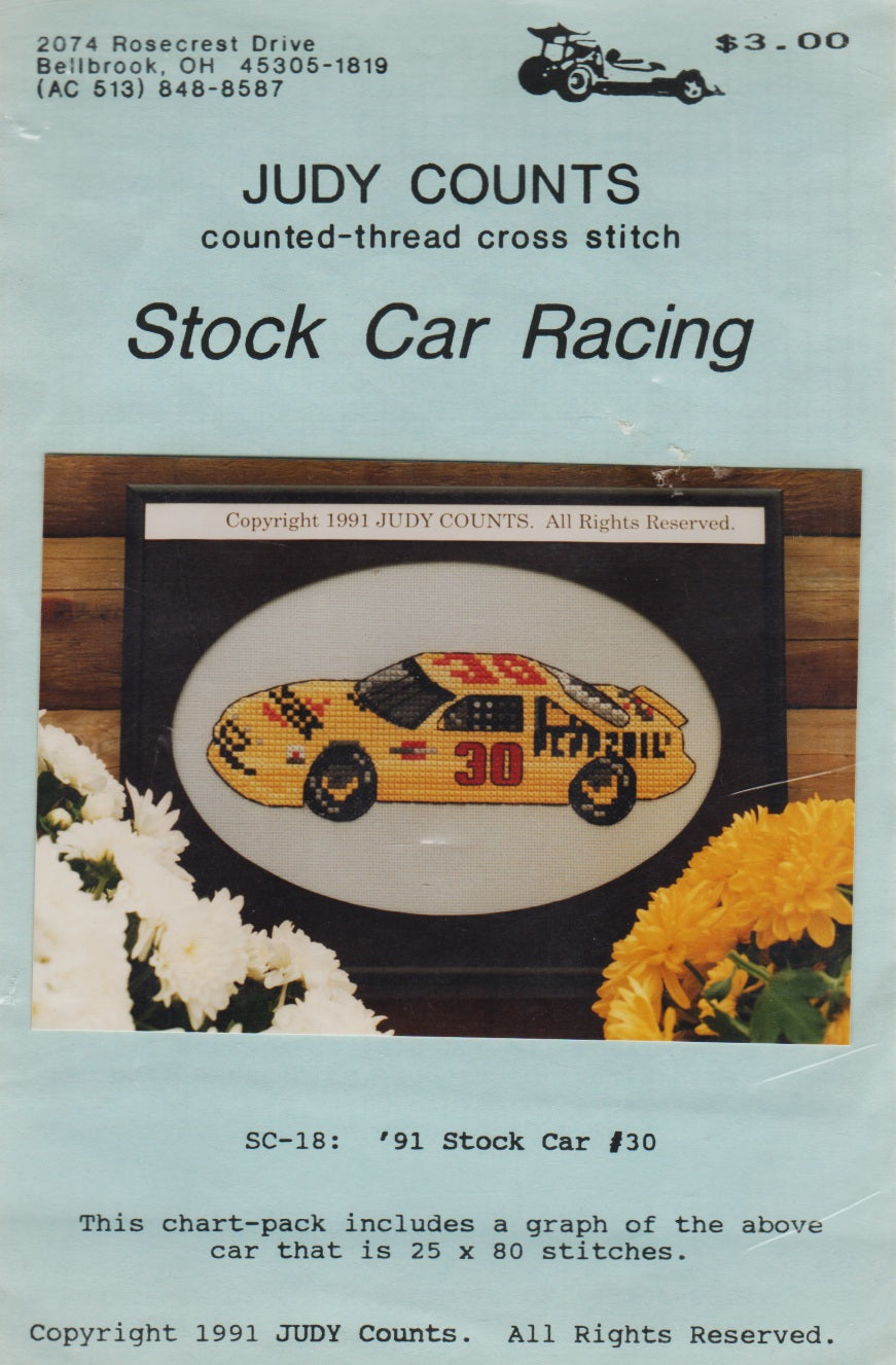 Judy Counts Stock Car #30 SC-18 race car cross stitch pattern