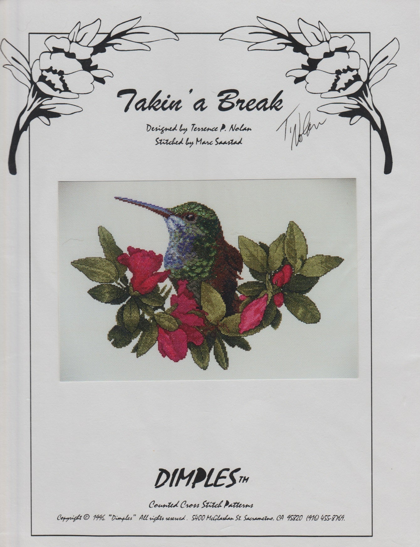 Dimples Takin' A Break hummingbird cross stitch kit
