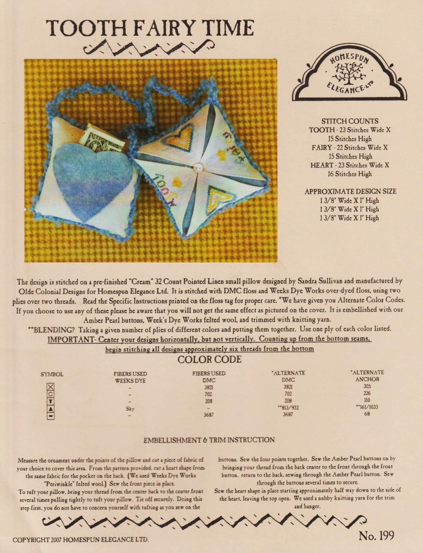 Homespun Elegance Tooth Fairy Pillow 199 cross stitch pattern