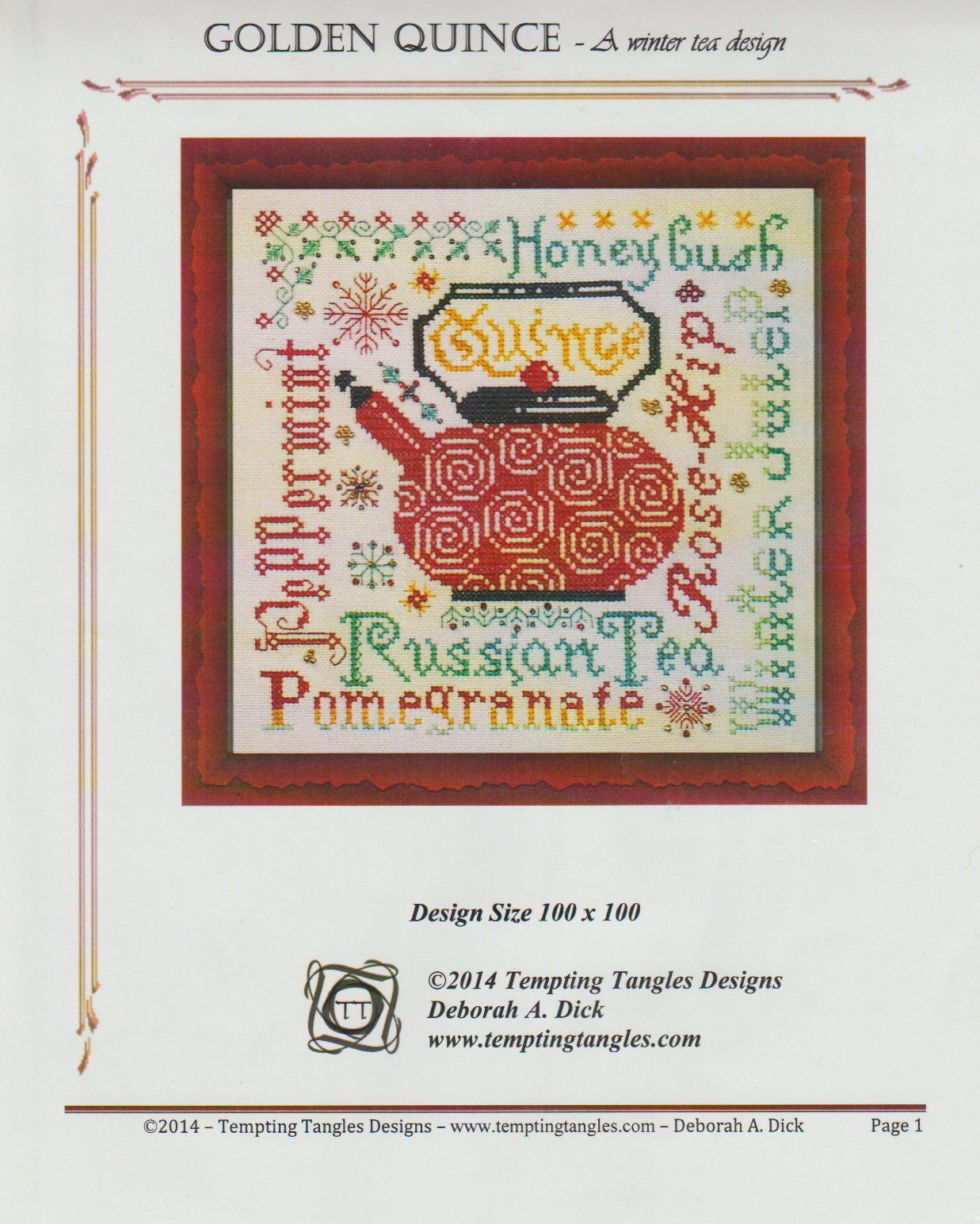 Tempting Tangles Designs Golden Quince tea cross stitch pattern