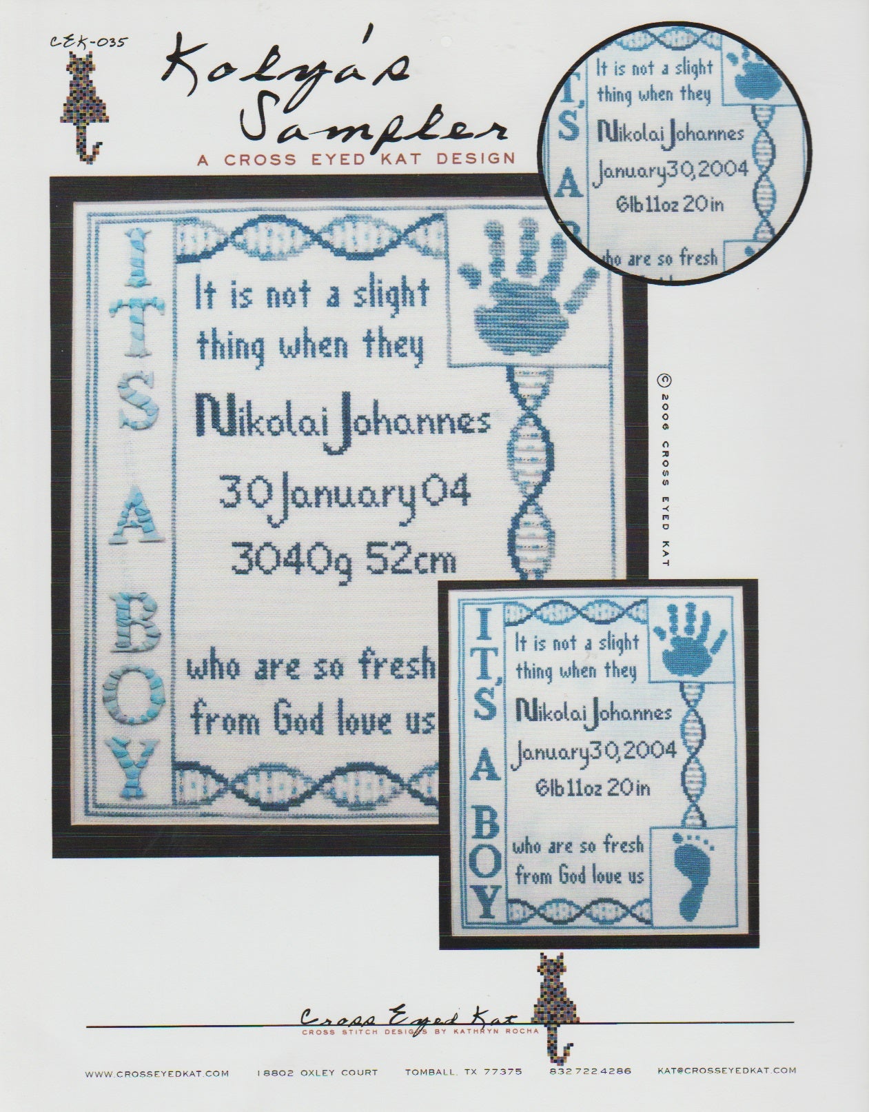 Cross Eyed Kat Kolya's Sampler birth sampler cross stitch pattern