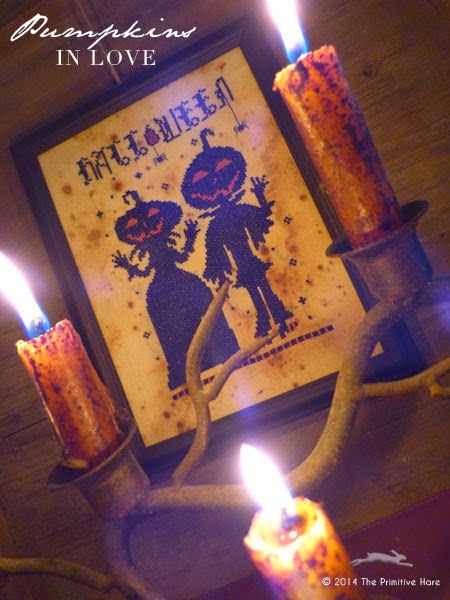 The Primitive Hare Pumpkins In Love halloween cross stitch pattern