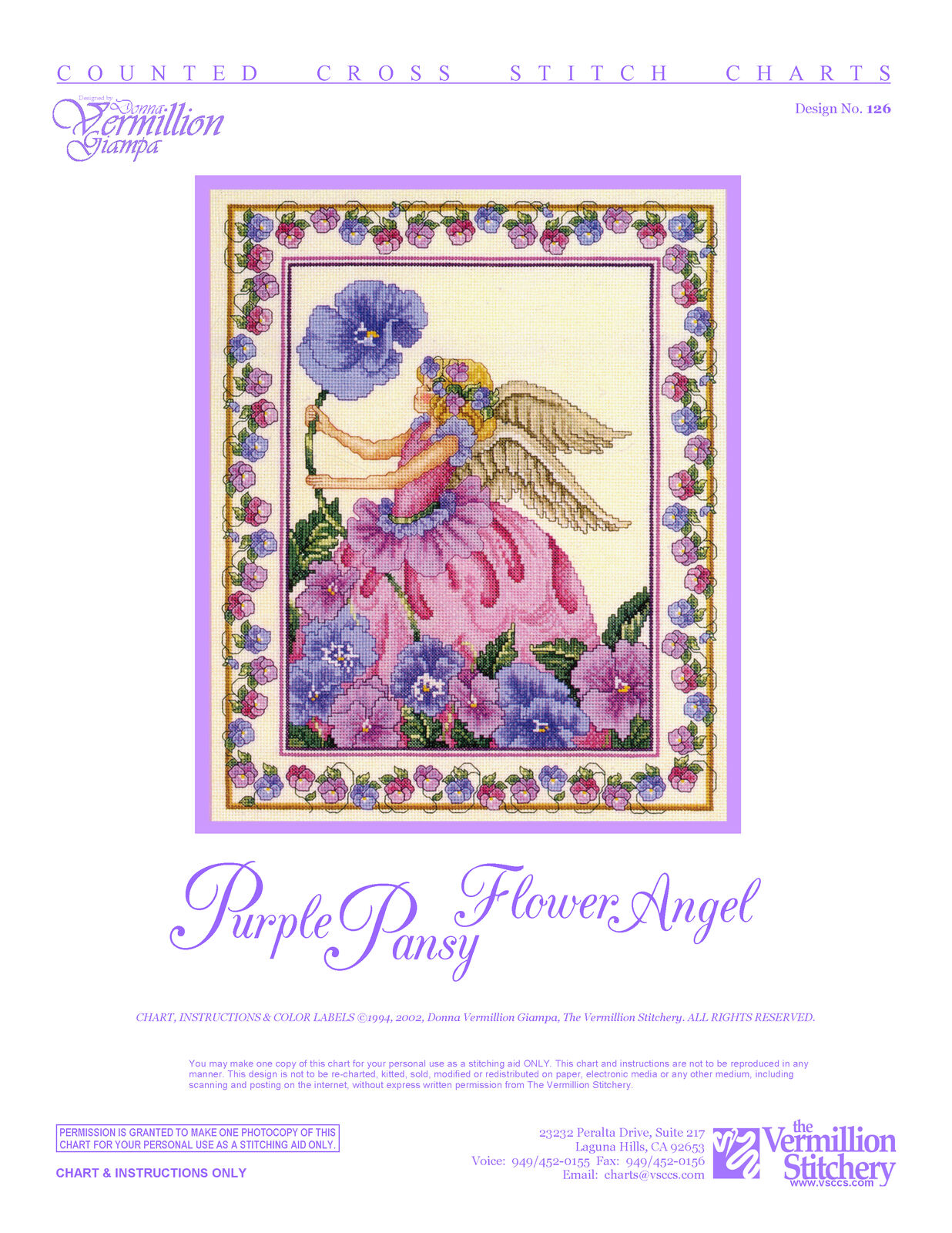 Vermillion Stitchery Purple Pansy Flower Angel 126 flower cross stitch pattern