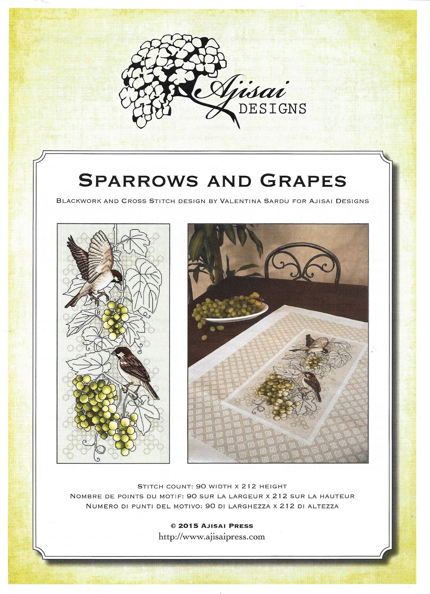 Ajisai Sparrows & Grapes bird cross stitch pattern