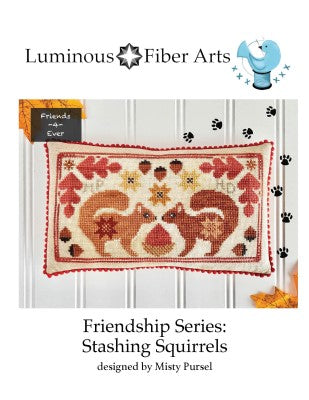 Luminous Fiber Arts Stashing Squirrels cross stitch pillow pattern