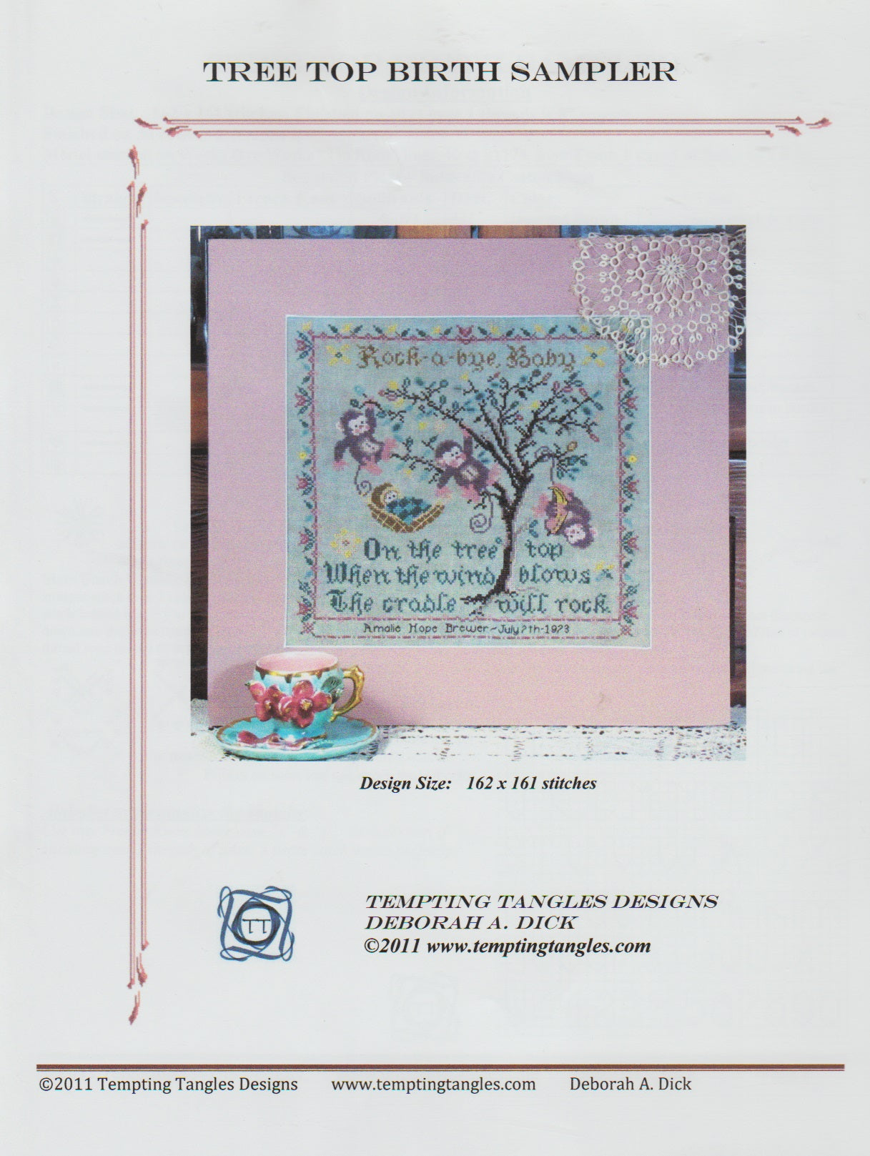 Tempting Tangles Designs Tree Top Birth Sampler cross stitch pattern