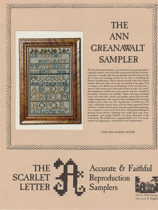 The Scarlet Letter Ann Greenawalt Sampler cross stitch pattern