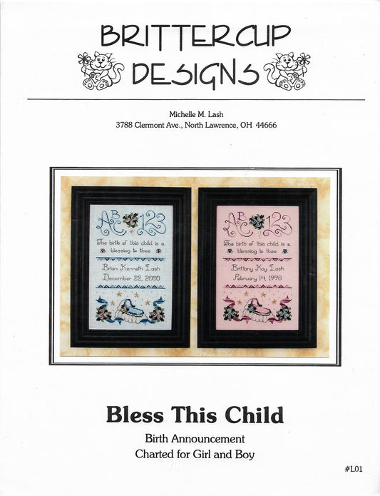 Brittercup Designs Bless This Child L01 baby cross stitch pattern