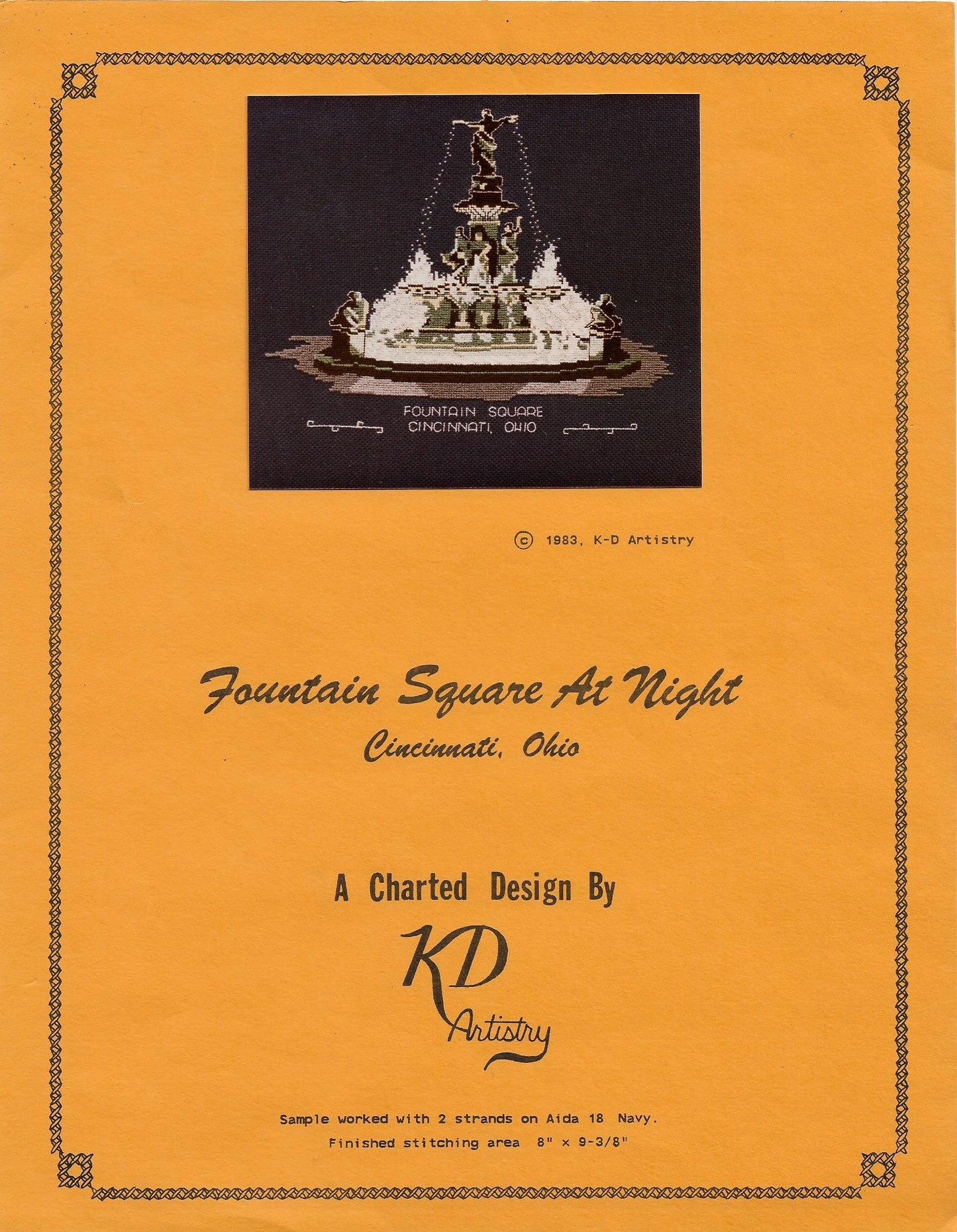 KD Artistry Fountain Square at Night Cincinnati Ohio cross stitch pattern