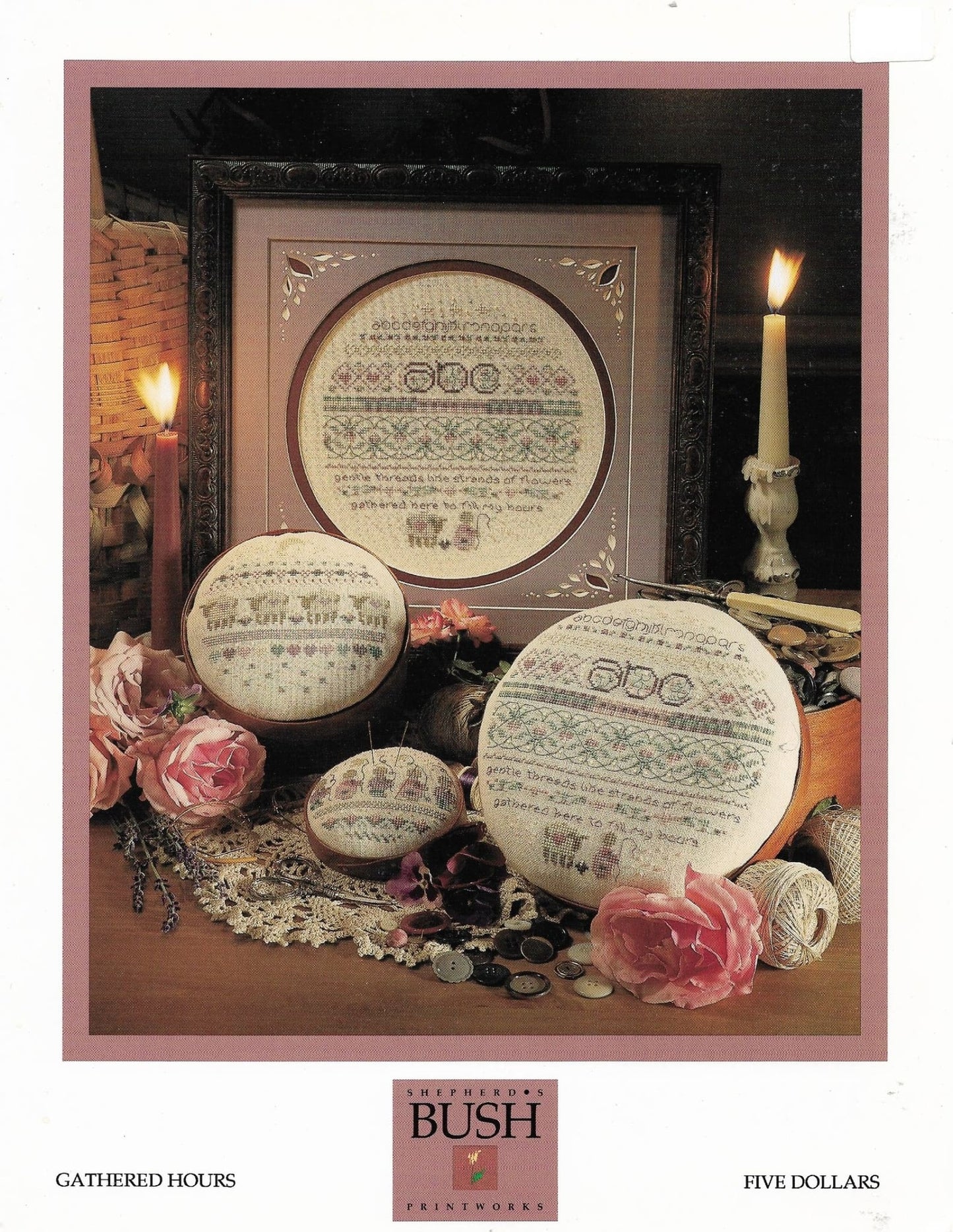 Shepherds Bush Gathered Hours cross stitch sampler pincushion shaker box pattern