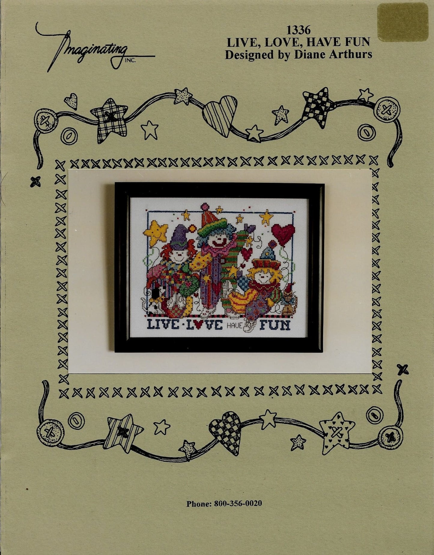 Imaginating Live Love Have Fun clown cross stitch pattern