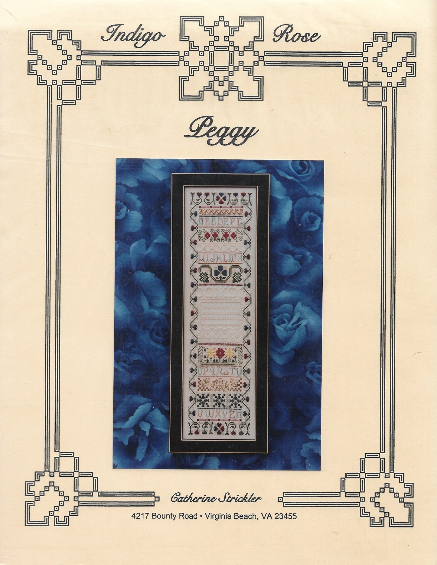 Indigo Rose Peggy cross stitch sampler pattern