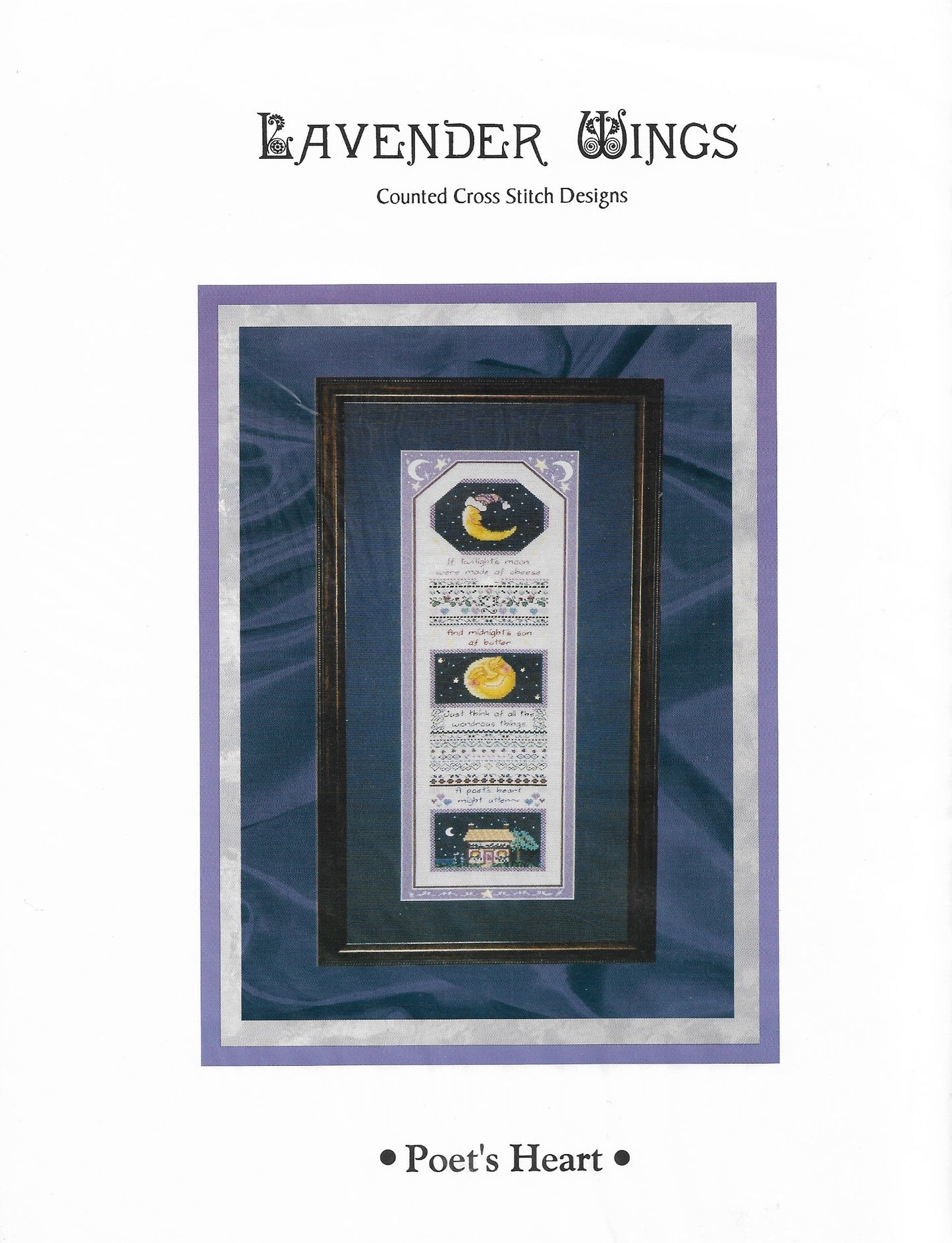 Lavender Wings Poet's Heart cross stitch sampler pattern