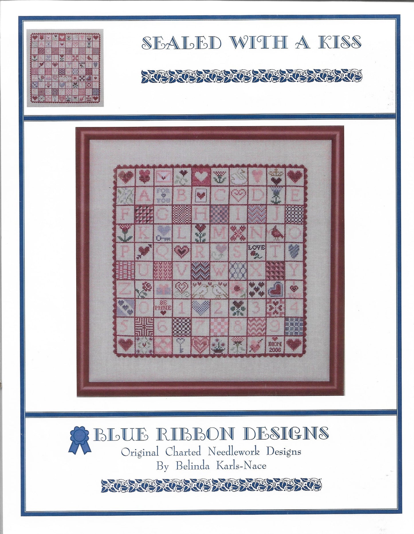 Blue Ribbon Sealed With A Kiss cross stitch pattern