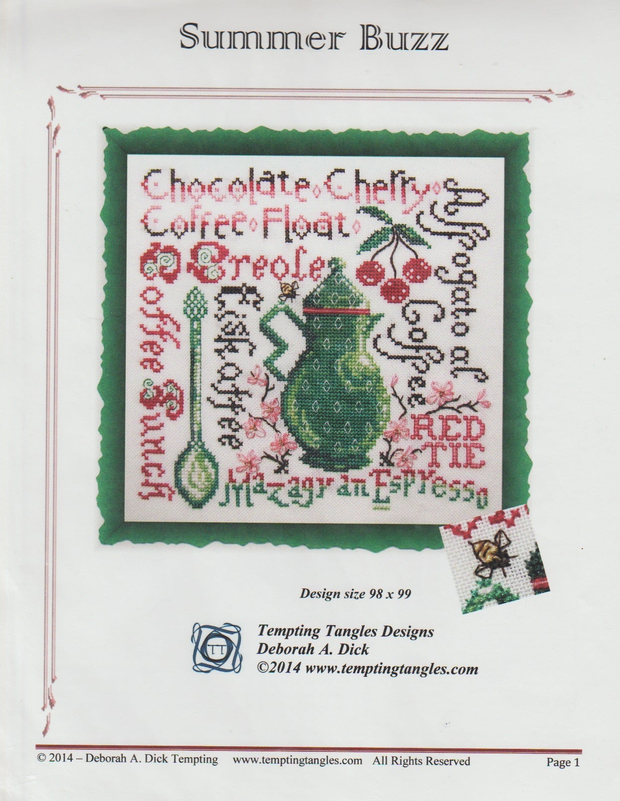 Tempting Tangles Designs Summer Buzz tea cross stitch pattern