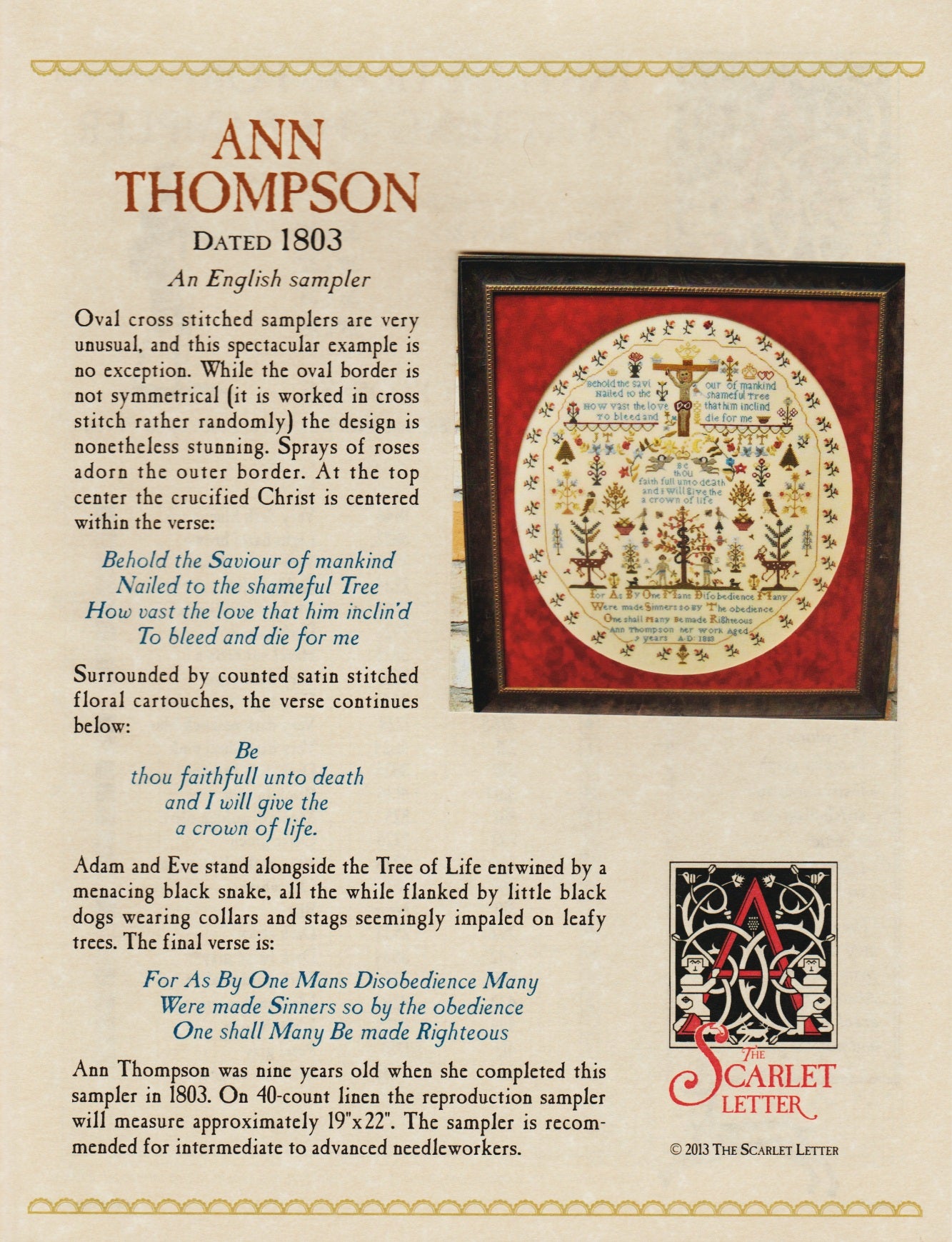 The Scarlet Letter Ann Thompson 1803 cross stitch pattern