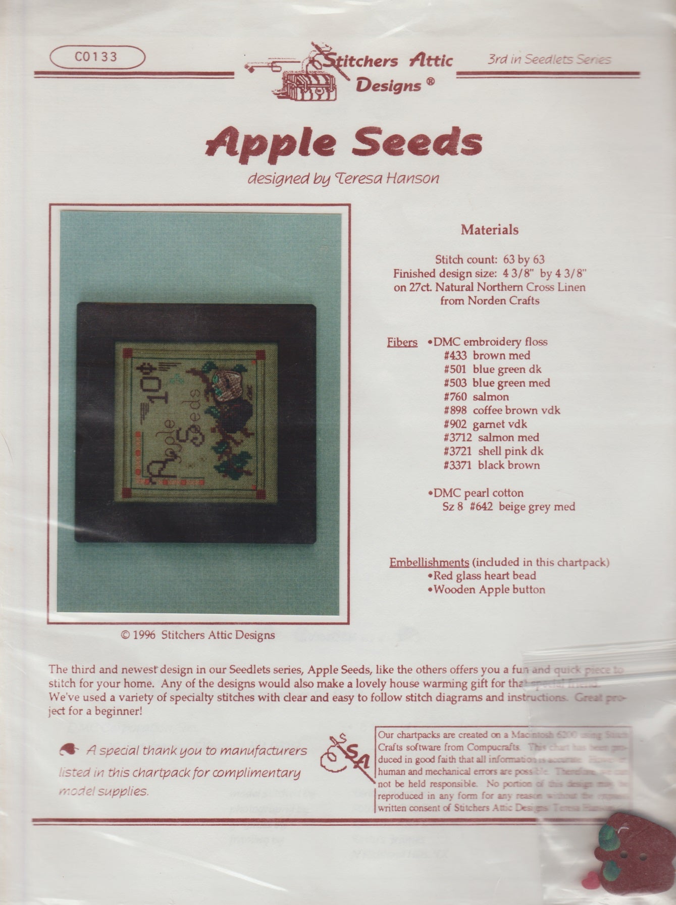 Stitcher's Attic Apple Seeds CO133 cross stitch pattern