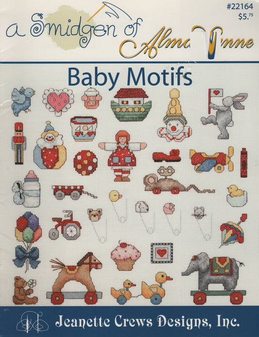 Front cover of a cross-stitch pattern booklet titled 'a Midgen of Alma Pinne Baby Motifs' by Jeanette Crews Designs, Inc. The cover shows a grid of colorful baby-themed cross-stitch motifs including a toy car, duck, elephant, cupcake, nutcracker, and others 22164 cross stitch pattern