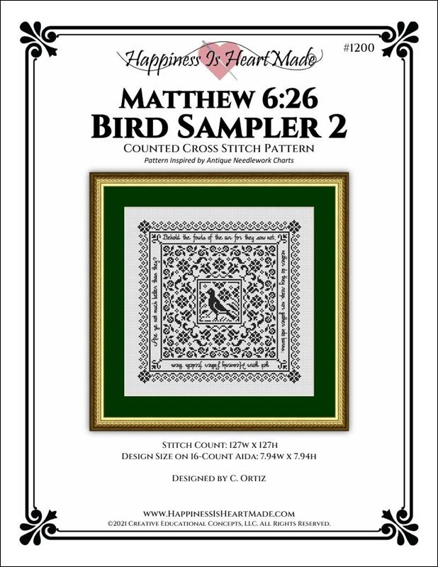Happiness is Heart Made Bird Sampler 2 1200 Matthew 6:26 religious cross stitch pattern