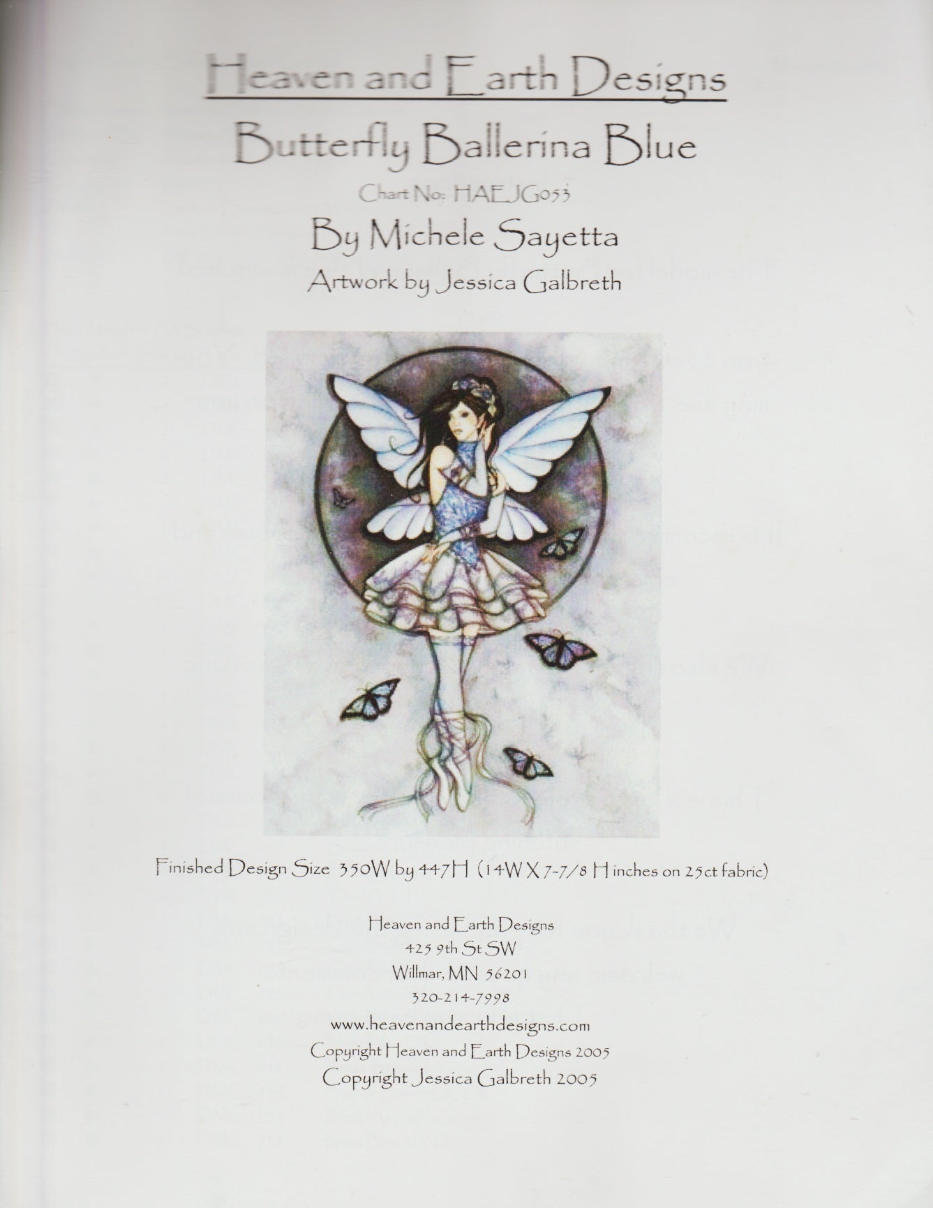 Heaven and Earth Designs Butterfly Ballerina Blue HAEJG053 fairy dance cross stitch pattern