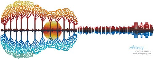 Artecy Colorful Guitar Landscape Sunset cross stitch pattern