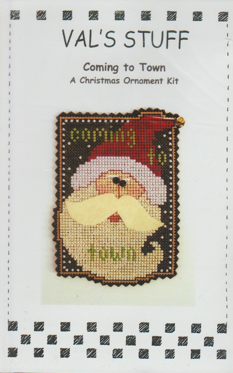 Val's Stuff Coming To Town christmas santa ornament cross stitch kit