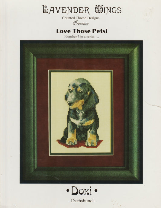 Lavender Wings Doxi dachshund cross stitch pattern